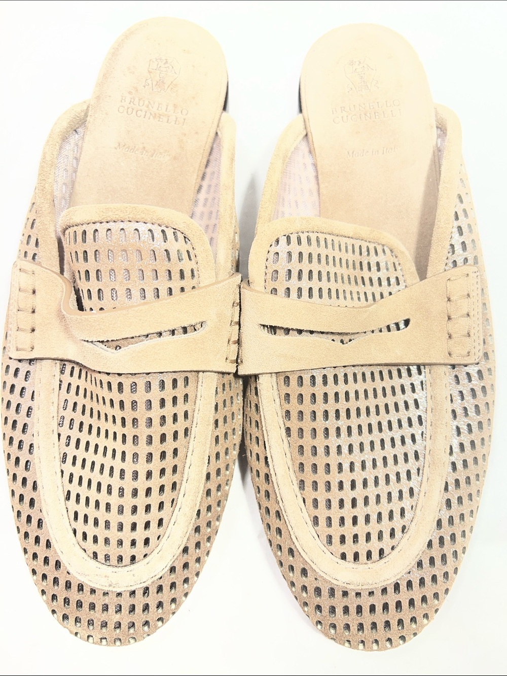 Brunello Cucinelli Light Beige Perforated Suede Slip-On Loafers Authentic